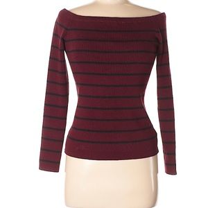 off the shoulder burgundy and navy blue sweater